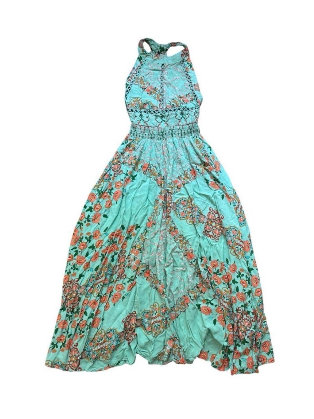 Jaase Mint Green Floral Halter Maxi Dress with Orange Blooms
